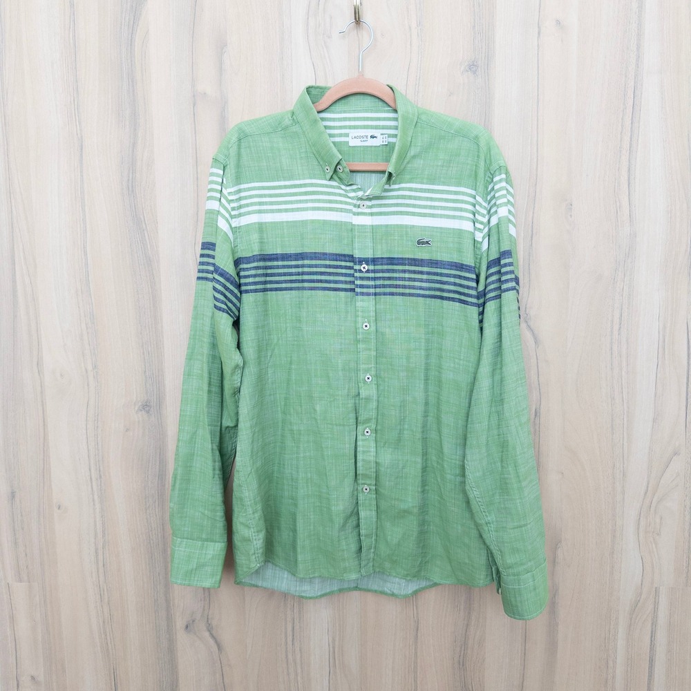 Lacoste Mens Button Down Shirt US 20 Green Striped Slim Fit Long Sleeve Preppy